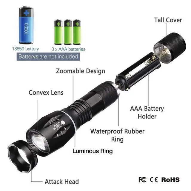Alt view image 3 of 7 - Super-Bright 90000LM LED Tactical Flashlight 5 Modes Zoomable Torch Searchlight