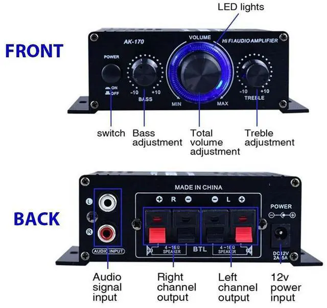 Alt view image 3 of 7 - 400W 12V 2 Channel Powerful Stereo Audio Power Amplifier HiFi Bass Amp Car Home