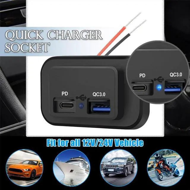 Alt view image 4 of 7 - 12-24V Dual USB PD & QC3.0 Car Fast Charger Socket LED Power Outlet for Boat RV