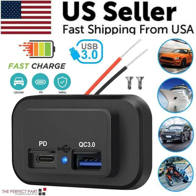 Alt view image 2 of 7 - 12-24V Dual USB PD & QC3.0 Car Fast Charger Socket LED Power Outlet for Boat RV