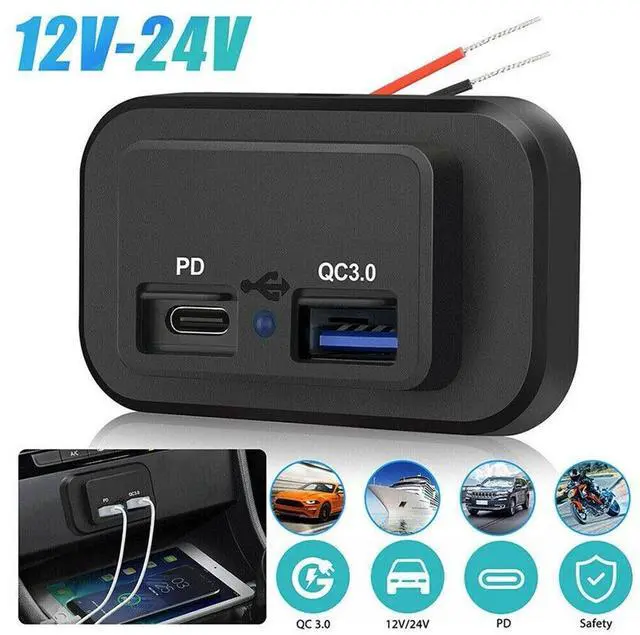 Alt view image 6 of 7 - 12-24V Dual USB PD & QC3.0 Car Fast Charger Socket LED Power Outlet for Boat RV