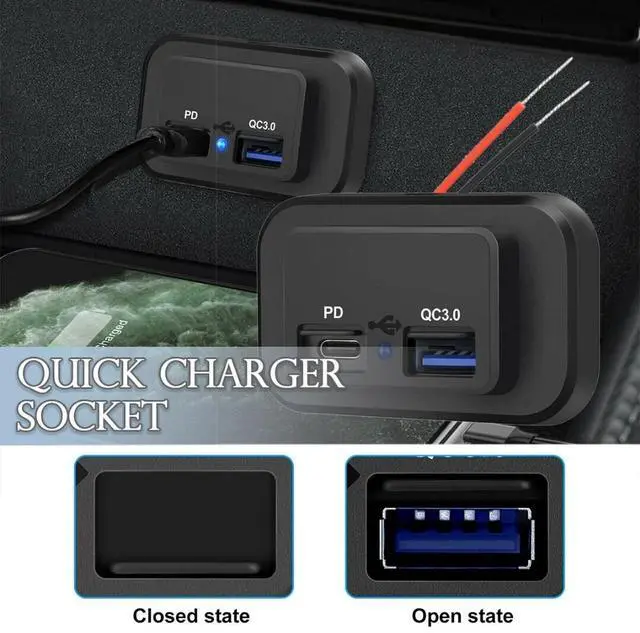 Alt view image 3 of 7 - 12-24V Dual USB PD & QC3.0 Car Fast Charger Socket LED Power Outlet for Boat RV