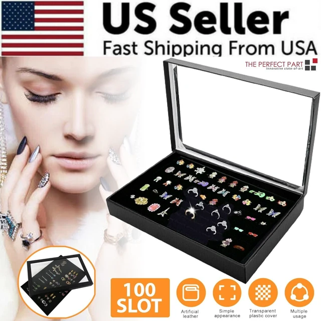 Alt view image 2 of 7 - 100 Slots Jewelry Ring Display Organizer Tray Holder Earrings Storage Box Case