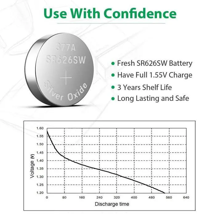 Alt view image 5 of 7 - 10 x OEM SPEC 377 376 364 363 WATCH BATTERY SR626SW SR626W Silver Oxide Battery