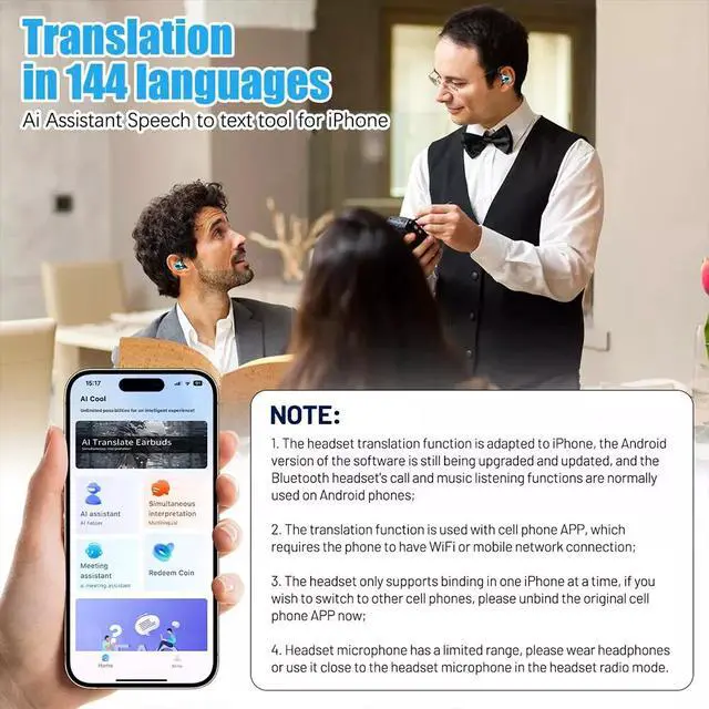Alt view image 4 of 7 - Translator Earbuds 144 Languages Real Time Online/OffLine Translation Earphones