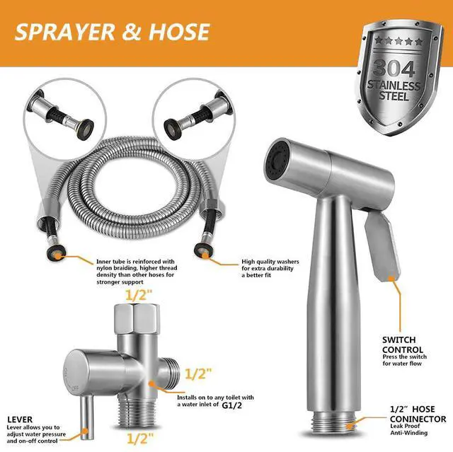 Alt view image 4 of 7 - Toilet Shattaf Adapter Hose Bidet Spray Stainless Steel Handheld Shower Head US