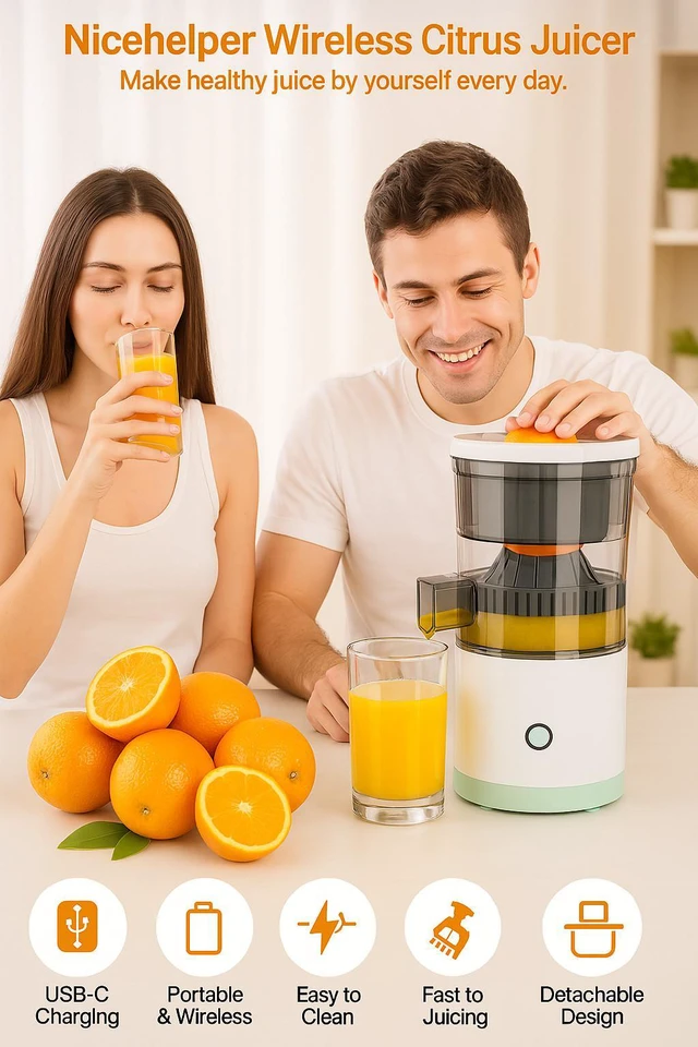 Alt view image 7 of 7 - Electric Citrus Juicer Rechargeable Hands-Free Masticating Orange Lemon Squeezer