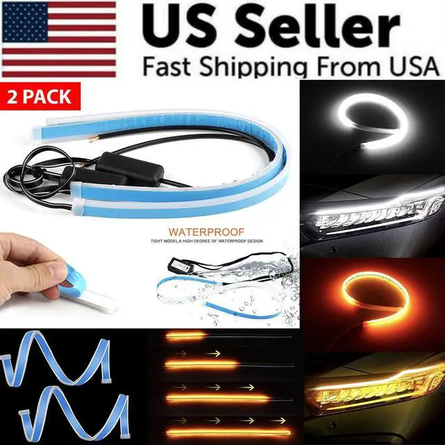 Alt view image 2 of 7 - 2 x 60CM Slim Amber Sequential Flexible LED DRL Turn Signal Strip For Headlight