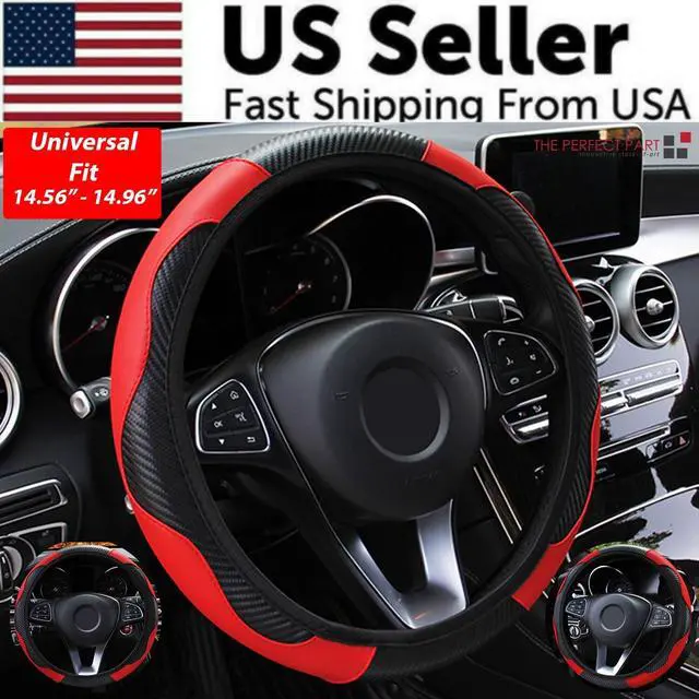 Alt view image 2 of 7 - Car Steering Wheel Cover Red Black Leather Anti-slip For 15"/38cm Carbon Fiber