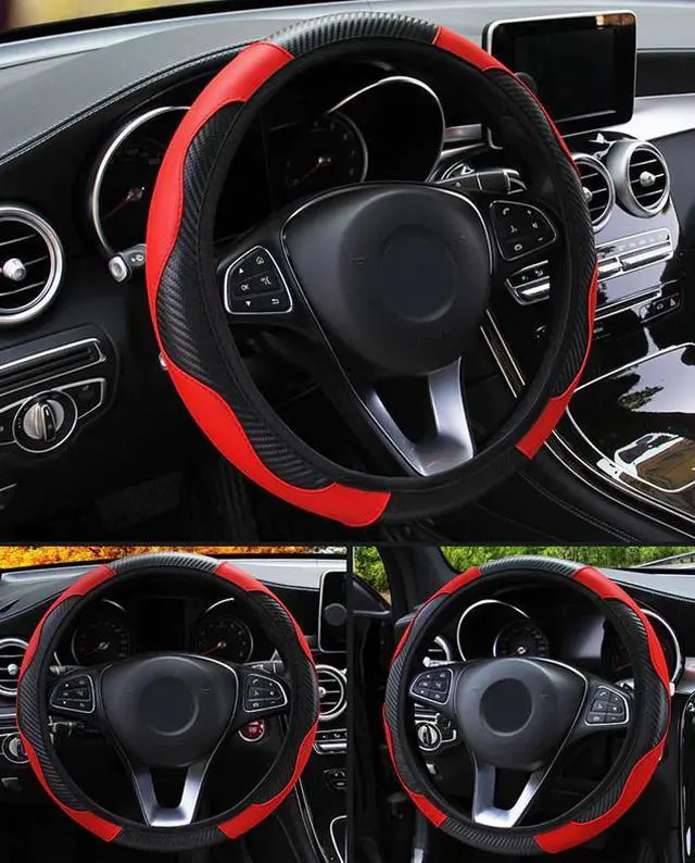 Alt view image 3 of 7 - Car Steering Wheel Cover Red Black Leather Anti-slip For 15"/38cm Carbon Fiber