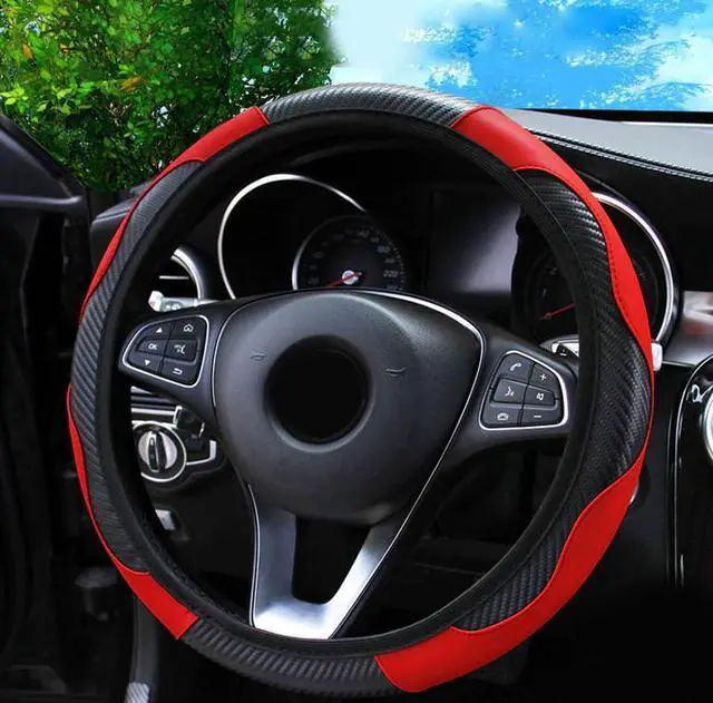 Alt view image 4 of 7 - Car Steering Wheel Cover Red Black Leather Anti-slip For 15"/38cm Carbon Fiber