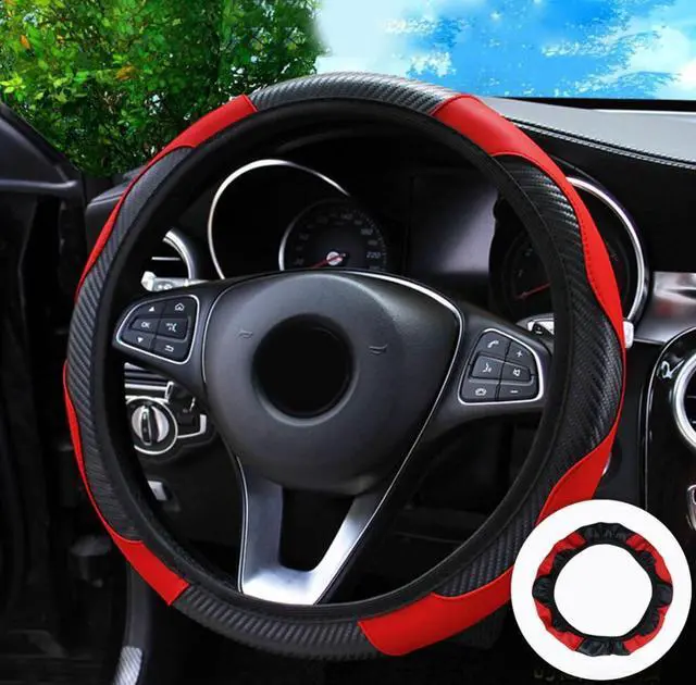 Alt view image 6 of 7 - Car Steering Wheel Cover Red Black Leather Anti-slip For 15"/38cm Carbon Fiber