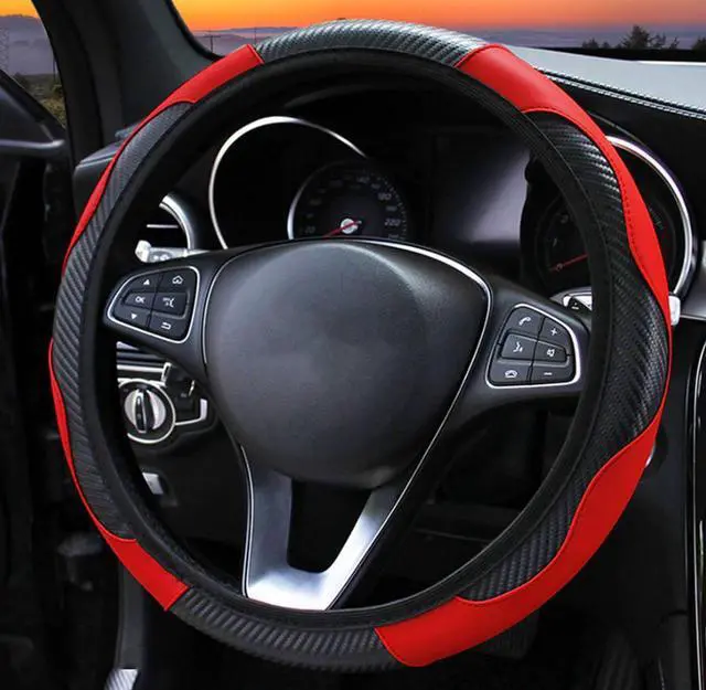 Alt view image 7 of 7 - Car Steering Wheel Cover Red Black Leather Anti-slip For 15"/38cm Carbon Fiber