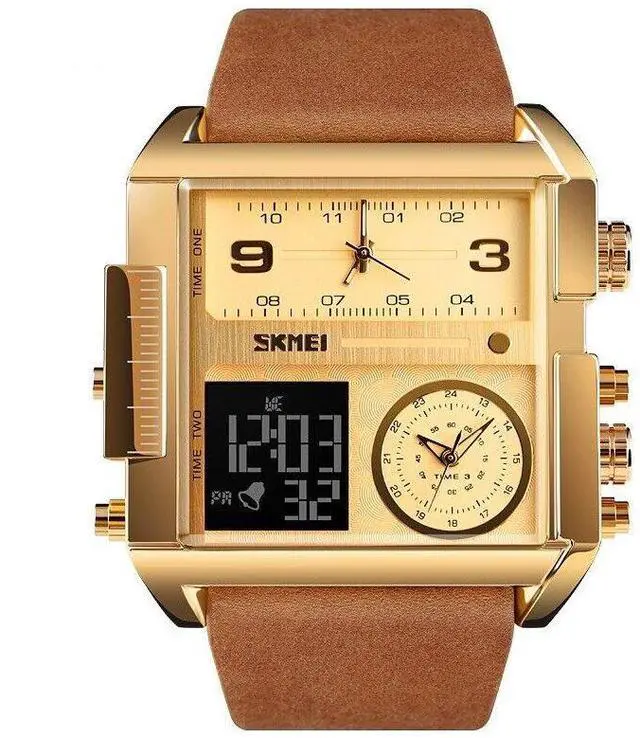 Main image of SKMEI Men Watch Large Dial Digital Quartz Sport Stopwatch Leather Wristwatch New