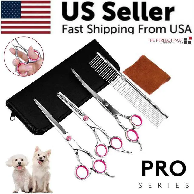 Alt view image 2 of 7 - Pet Dog Grooming Scissors Stainless Straight Curved Thinning Shears Trimmer Kits