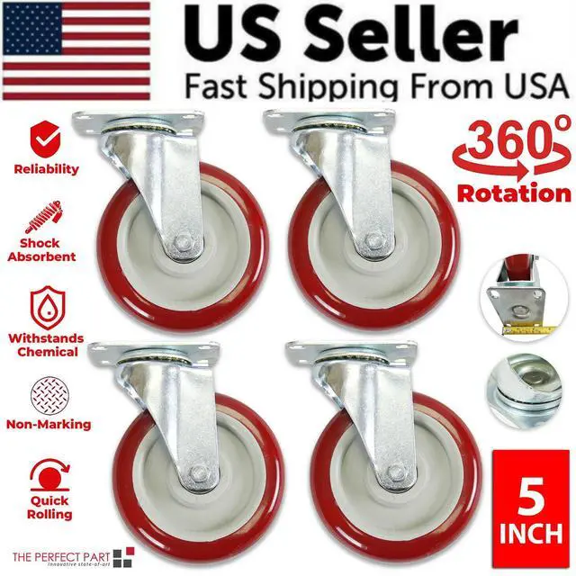 Main image of 4 Pack 5 Inch Caster Wheels Swivel Plate Polyurethane Wheels Heavy Duty Wheels