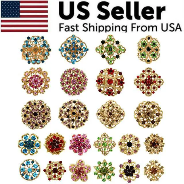 Alt view image 2 of 7 - 24pc Vintage Brooch Lot Mixed Alloy Rhinestone Crystal Pins Wedding Bouquet DIY
