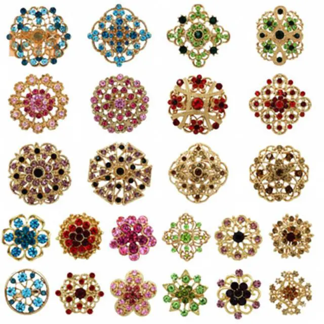 Main image of 24pc Vintage Brooch Lot Mixed Alloy Rhinestone Crystal Pins Wedding Bouquet DIY