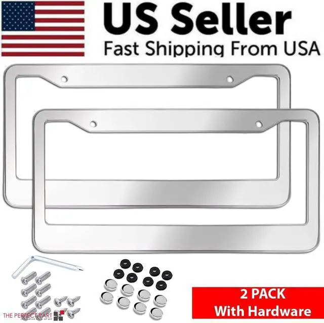 Main image of 2PCS Chrome Stainless Steel Metal License Plate Frame Tag Cover With Screw Caps