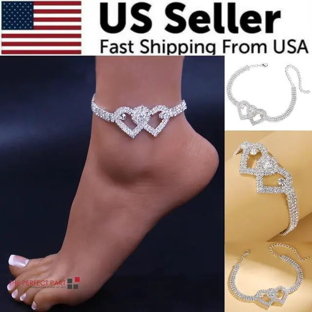 Alt view image 2 of 7 - Double Heart Anklet Bracelet Love Barefoot Chain Bling Crystal Ankle Bracelet US