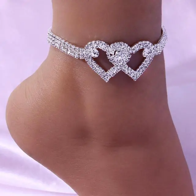 Alt view image 6 of 7 - Double Heart Anklet Bracelet Love Barefoot Chain Bling Crystal Ankle Bracelet US