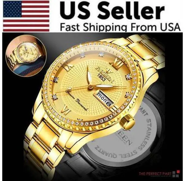 Alt view image 3 of 7 - Waterproof Gold Men's Watch Classic Stainless Steel Quartz Analog Business Gift