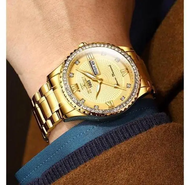 Alt view image 7 of 7 - Waterproof Gold Men's Watch Classic Stainless Steel Quartz Analog Business Gift