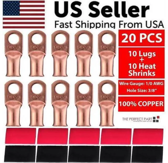 Alt view image 3 of 7 - 20PCS 1/0 AWG Gauge Copper Lugs W/ BLACK & RED Heat Shrink Ring Terminals Wire