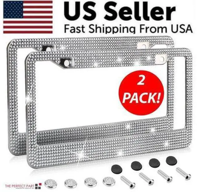 Alt view image 3 of 7 - 2PCS Bling License Plate Frame Glitter Crystal Sparkling Rhinestone Diamond Caps