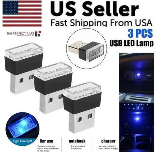 Alt view image 3 of 7 - 3x Mini Blue LED USB Car Interior Light Neon Atmosphere Ambient Lamp Accessories