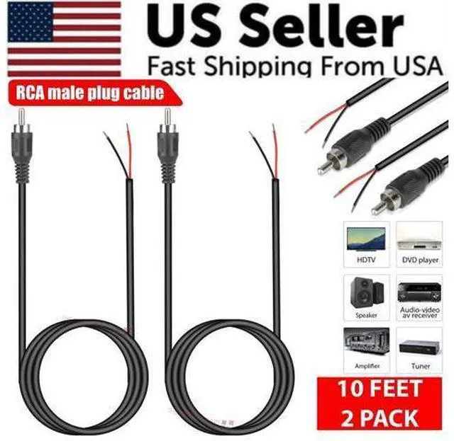 Alt view image 3 of 7 - 2-Pack 10 FT RCA Male Plug to Bare Wire Audio Speaker Subwoofer HDTV Cable Cord