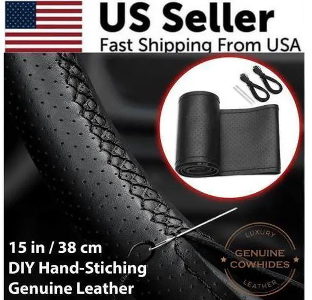Alt view image 3 of 7 - Genuine Leather DIY Car Steering Wheel Cover Anti-slip For 15"/38 cm Black US