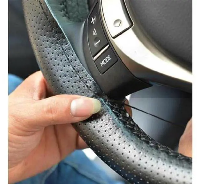 Alt view image 5 of 7 - Genuine Leather DIY Car Steering Wheel Cover Anti-slip For 15"/38 cm Black US