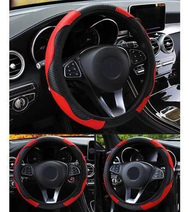 Alt view image 4 of 7 - Car Steering Wheel Cover Red Black Leather Anti-slip For 15"/38cm Carbon Fiber