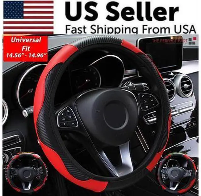 Alt view image 3 of 7 - Car Steering Wheel Cover Red Black Leather Anti-slip For 15"/38cm Carbon Fiber