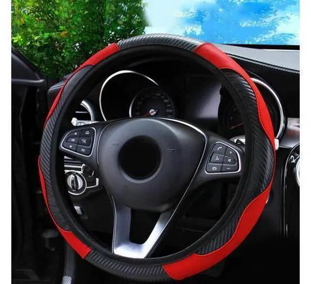 Alt view image 5 of 7 - Car Steering Wheel Cover Red Black Leather Anti-slip For 15"/38cm Carbon Fiber