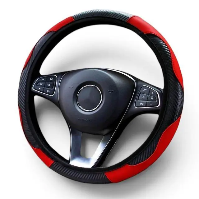 Car Steering Wheel Cover Red Black Leather Anti-slip For 15"/38cm Carbon Fiber