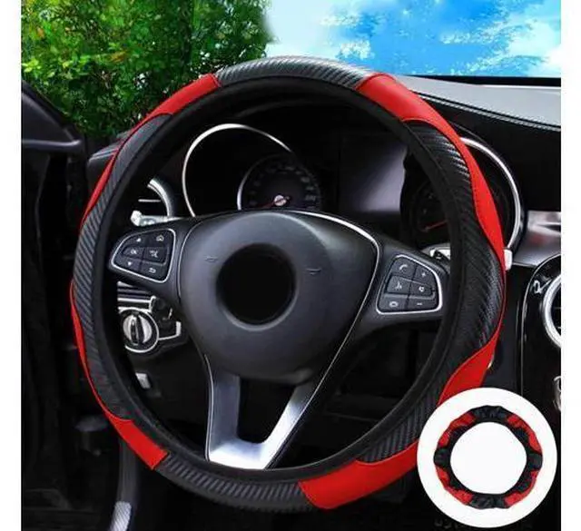 Alt view image 7 of 7 - Car Steering Wheel Cover Red Black Leather Anti-slip For 15"/38cm Carbon Fiber