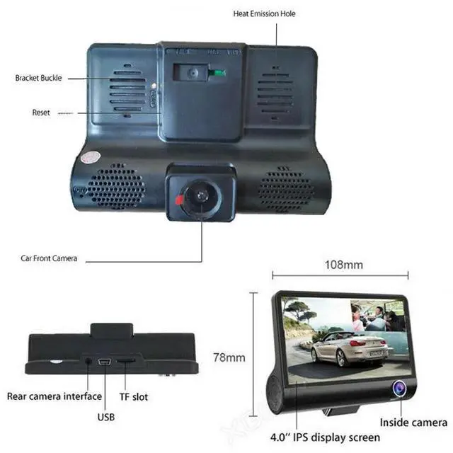 Alt view image 3 of 7 - 1080P 4" Dual Lens HD Car DVR Rearview Video Dash Cam Recorder Camera G-Sensor