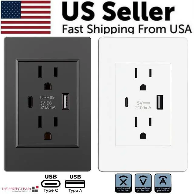Alt view image 2 of 7 - Dual Wall Outlet with USB Ports Charger AC Power Receptacle Plate Panel 15A 120V - White