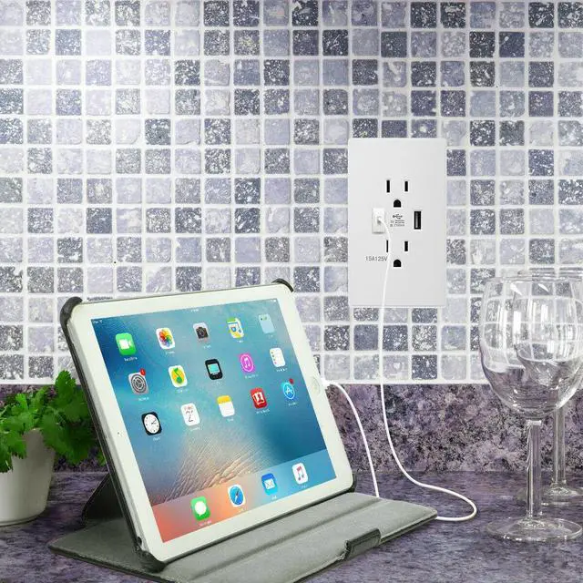 Alt view image 3 of 7 - Dual Wall Outlet with USB Ports Charger AC Power Receptacle Plate Panel 15A 120V - White