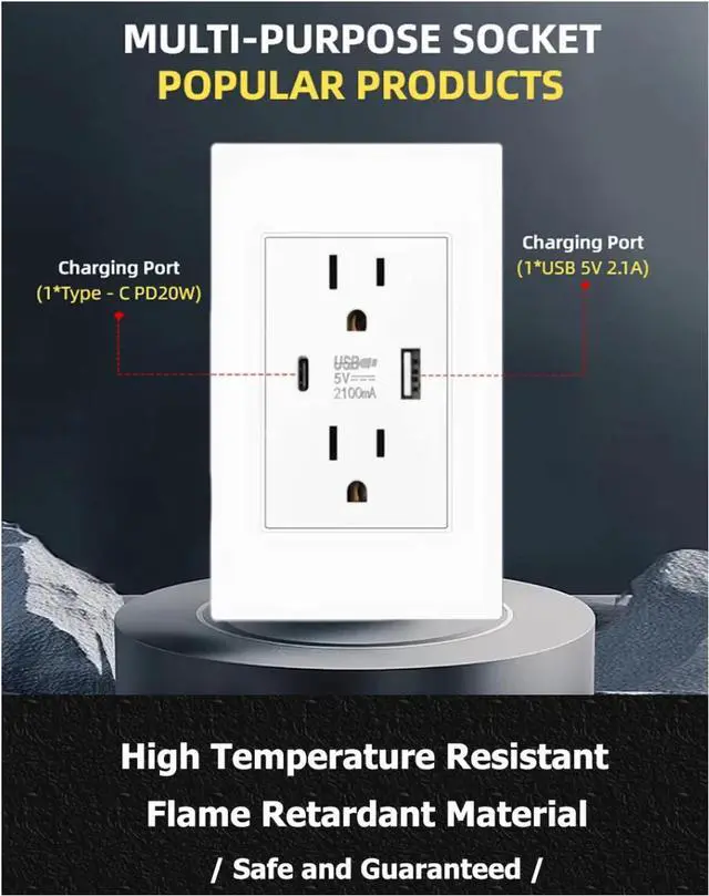 Alt view image 4 of 7 - Dual Wall Outlet with USB Ports Charger AC Power Receptacle Plate Panel 15A 120V - White