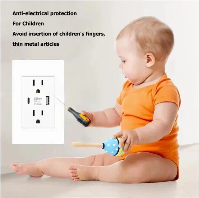 Alt view image 7 of 7 - Dual Wall Outlet with USB Ports Charger AC Power Receptacle Plate Panel 15A 120V - White