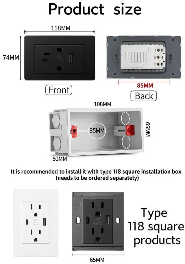 Alt view image 6 of 7 - Dual Wall Outlet with USB Ports Charger AC Power Receptacle Plate Panel 15A 120V - White