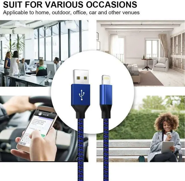 Alt view image 6 of 7 - Braided Fast Charger Cable Heavy Duty USB lot Cord For iPhone 14 13 12 11 X XR 8 - Blue/Black