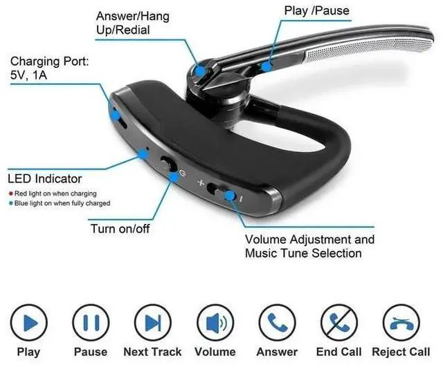 Alt view image 5 of 7 - Bluetooth Earpiece Wireless Headset Noise Cancelling Headphones Driver Trucker - Silver