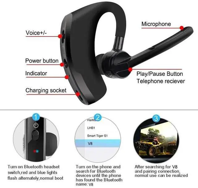 Alt view image 6 of 7 - Bluetooth Earpiece Wireless Headset Noise Cancelling Headphones Driver Trucker - Silver