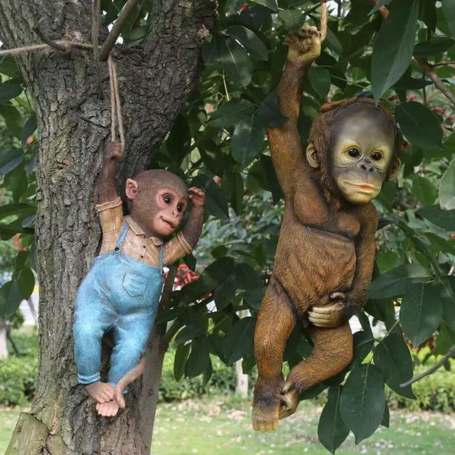 Alt view image 4 of 7 - Monkey Chimp Hanging Rope Garden Ornament Outdoor Statue Sculpture Resin Decor - Chimp