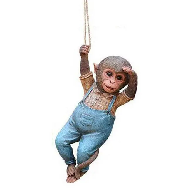 Alt view image 5 of 7 - Monkey Chimp Hanging Rope Garden Ornament Outdoor Statue Sculpture Resin Decor - Chimp