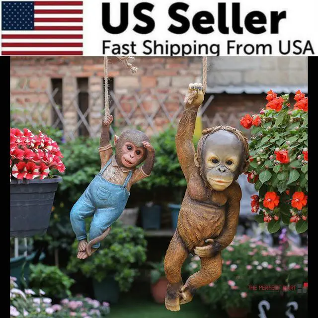 Alt view image 3 of 7 - Monkey Chimp Hanging Rope Garden Ornament Outdoor Statue Sculpture Resin Decor - Chimp